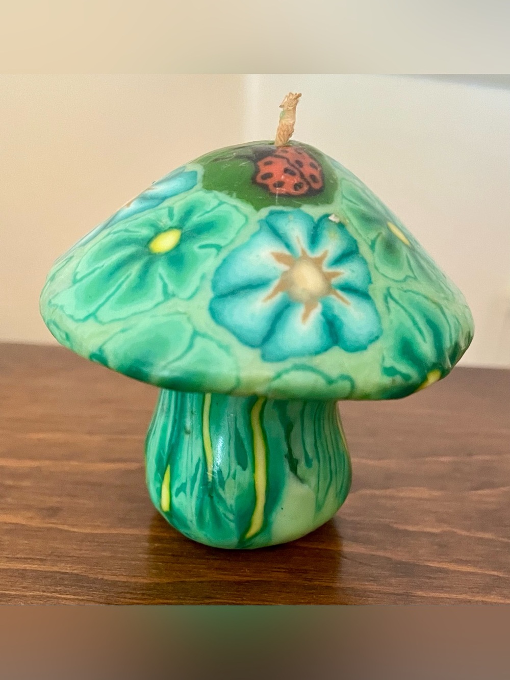 Vintage Psychedelic Mushroom + Ladybug Candle - Green & Blue (UNBURNED) Y2K